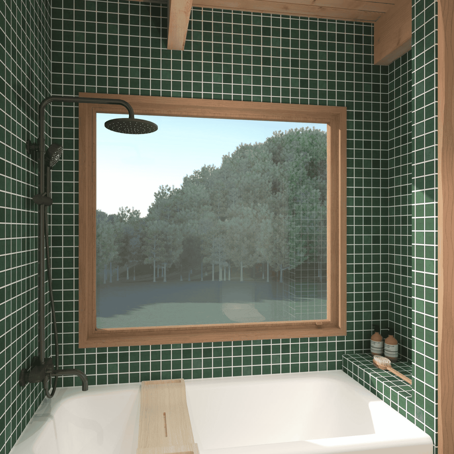 Window in a green-tiled wall above a bathtub.